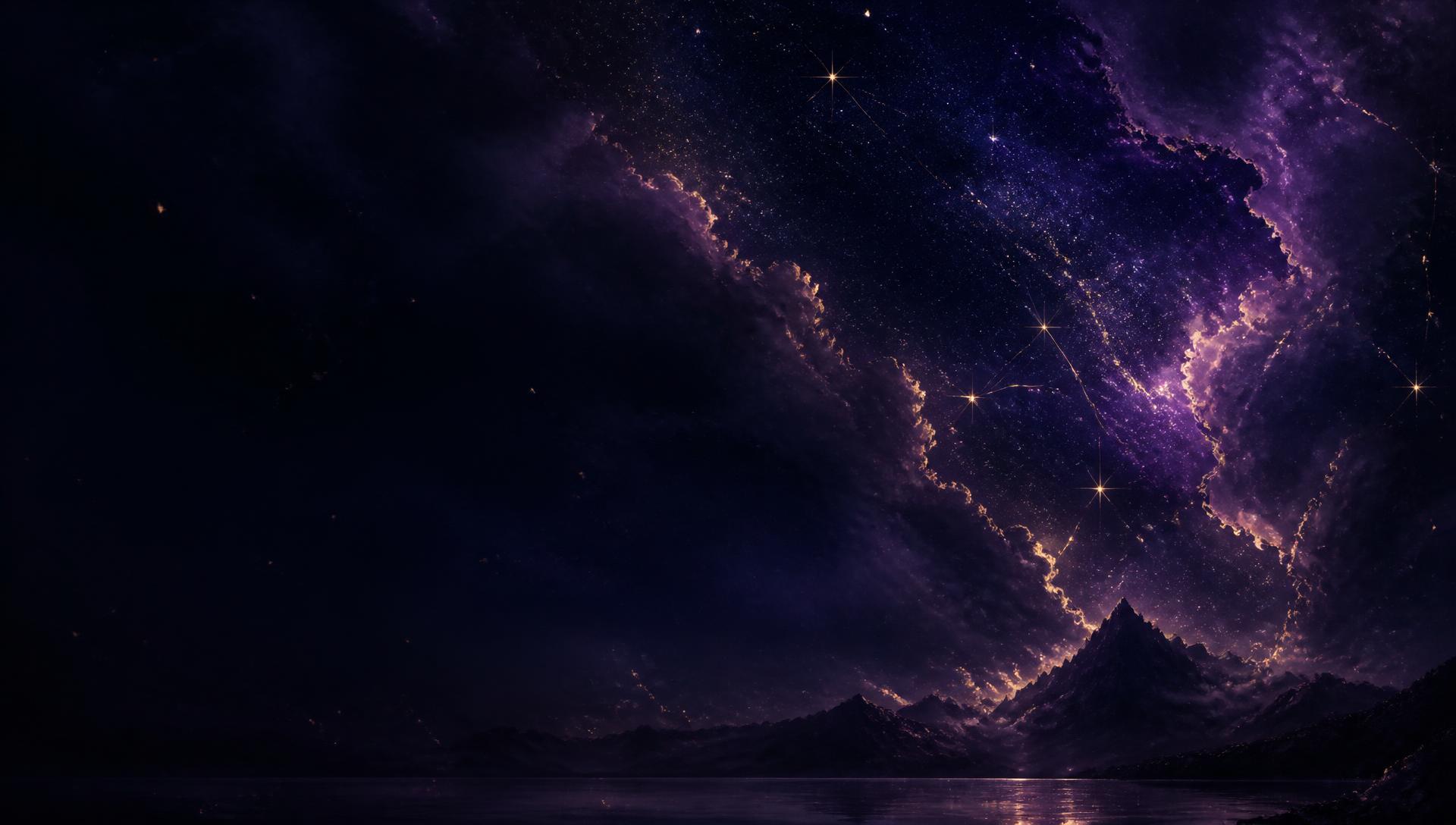 Starlit violet night sky over dark mountains